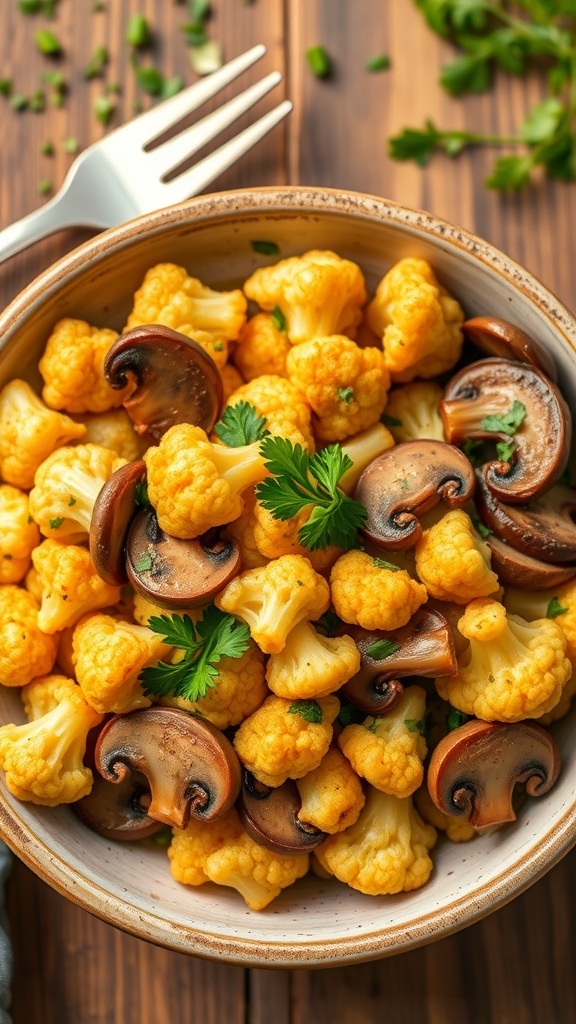 Sautéed cauliflower and mushrooms in a bowl, garnished with parsley, on a rustic table.